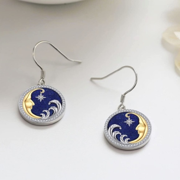 Lapus Lazuli Diamond Moon and Star Luxurious Starry Night Earrings - Picture 2 of 6